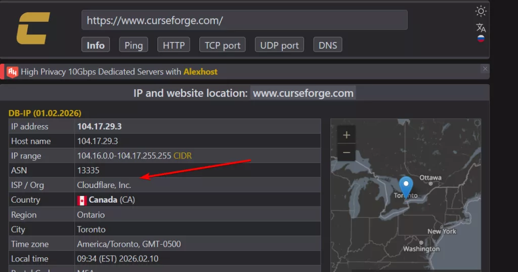 CurseForge стоит за CloudFlare, поэтому и не работает - данные check-host и DB IP