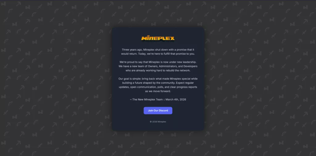 Майнкрафт Сервер MinePlex объявил о возвращении: Названа дата 2 Майнплекс вернётся летом 2026 года